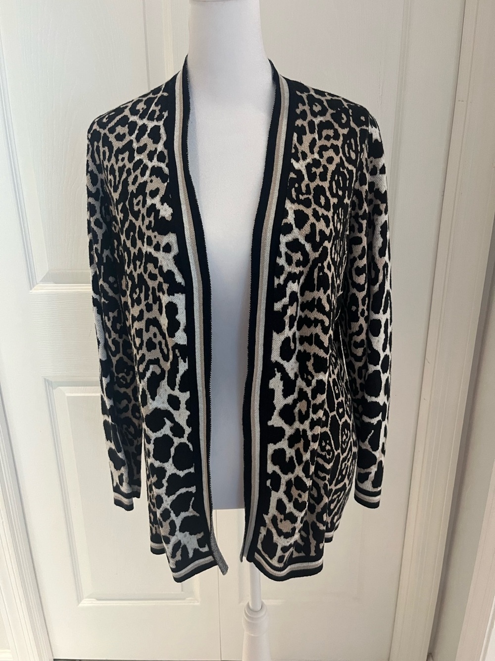 Chico's Black and Cream Leopard Open-Front Cardigan